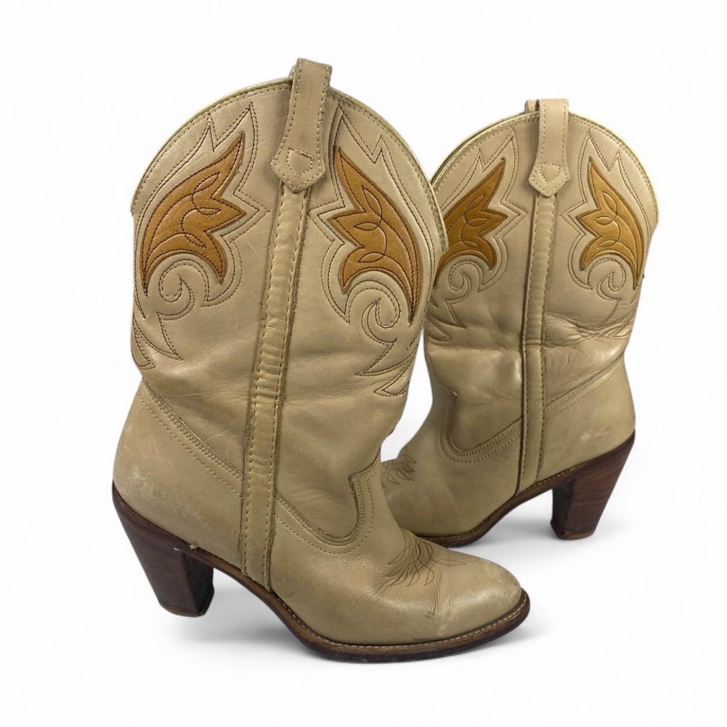 Vintage Acme Tan Beige Western Embroidered Leather Cowboy Boots - Women's